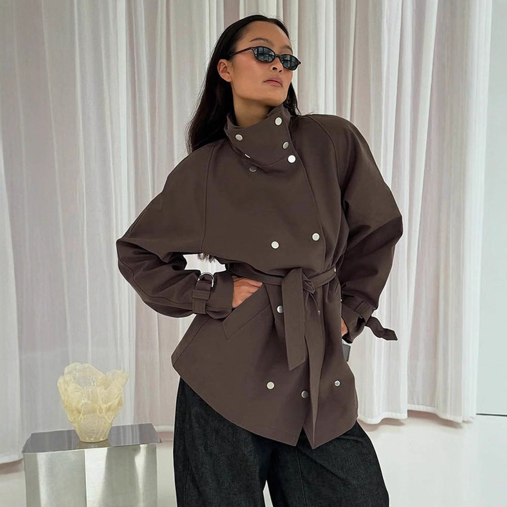 Damen Taillierbarer Oversize Kurztrench mit hohem Stehkragen, Druckknopffront und Bindegürtel Nord Taschen