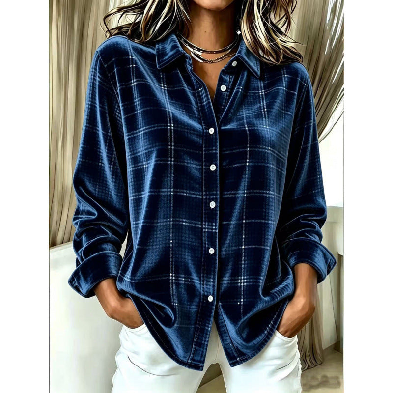 Damen Samt-Hemdbluse im Relaxed-Fit mit feinem Karomuster und Perlmuttknöpfen Nord Taschen