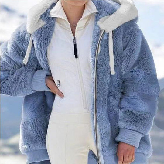 Damen Oversized Sherpa-Zipjacke mit Kontrastkragen, Rippbündchen und Kordelzug Nord Taschen