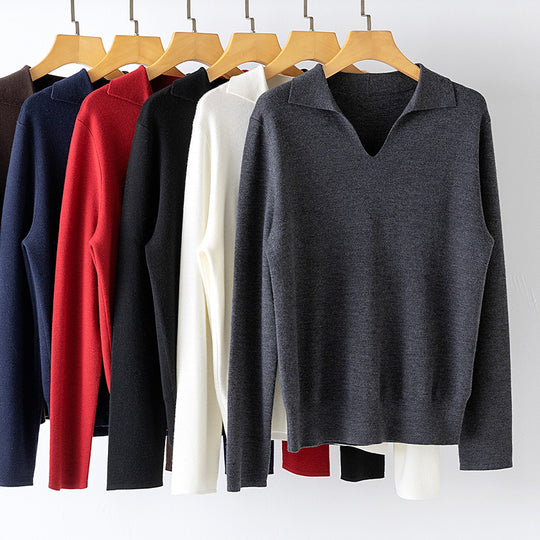 Damen feiner leichter V-Ausschnitt-Pullover mit offenem Hemdkragen und legerer Silhouette Nord Taschen