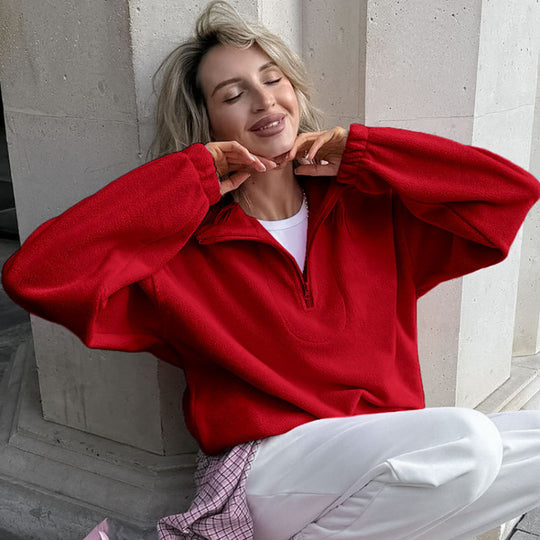 Damen Oversized Fleecepullover mit halbem Reißverschluss und Stehkragen Nord Taschen