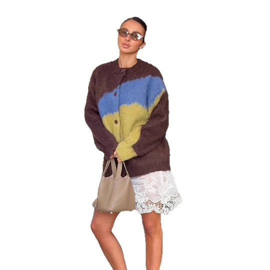 Damen Oversize Mohair-Blend Cardigan mit abstraktem Farbblock und Knopfleiste Nord Taschen