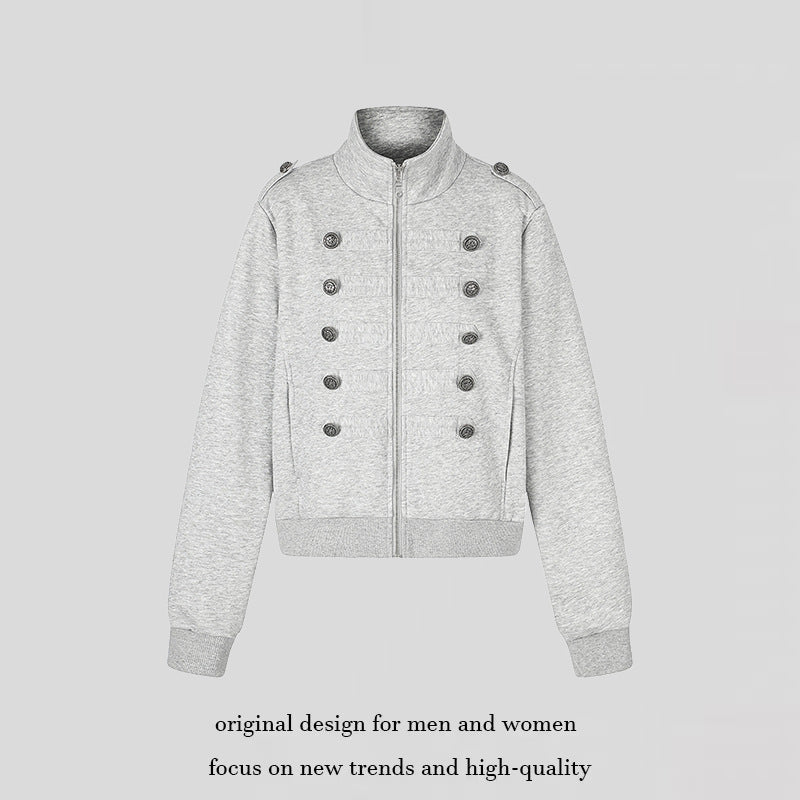 Damen kurze Sweatjacke mit Stehkragen, Doppelknopf-Detail und Reißverschluss Nord Taschen