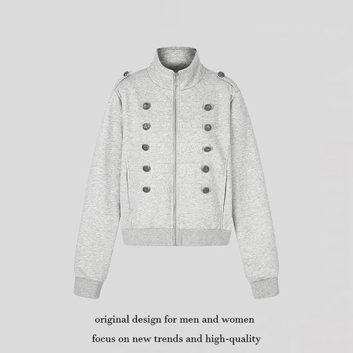 Damen kurze Sweatjacke mit Stehkragen, Doppelknopf-Detail und Reißverschluss Nord Taschen