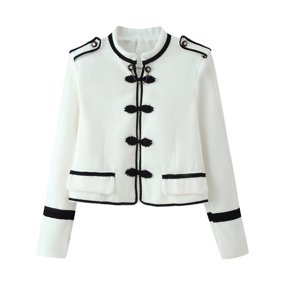 Damen Kurzjacke im Bouclé‑Look mit Mandarin‑Kragen, Kordelfroschverschluss und Zier‑Schulterklappen Nord Taschen