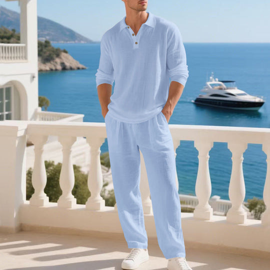 Herren nan leichtes Leinen-Ensemble mit Polokragen und elastischer Bundhose Nord Taschen