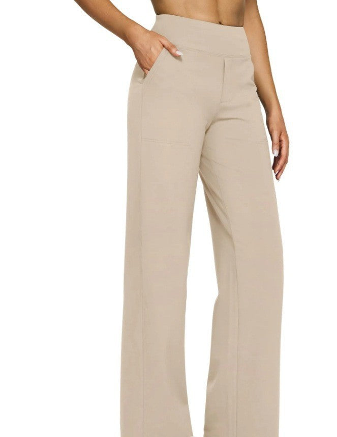 Damen nan fließende High-Waist-Hose mit extra weitem Bein, elastischem Komfortbund und Eingrifftaschen