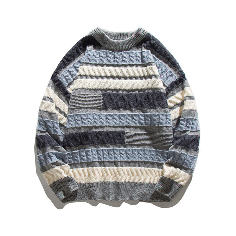 Unisex Oversize Strickpullover mit Patchwork‑Zopfmuster und Rundhalsausschnitt Nord Taschen