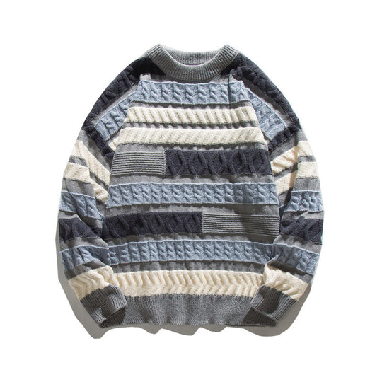 Unisex Oversize Strickpullover mit Patchwork‑Zopfmuster und Rundhalsausschnitt Nord Taschen