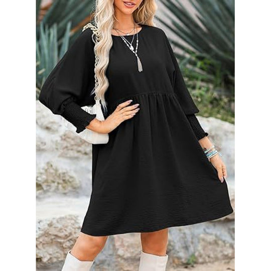 Damen Lockeres Babydoll-Kleid mit Ballonärmeln und geraffter Taille Nord Taschen
