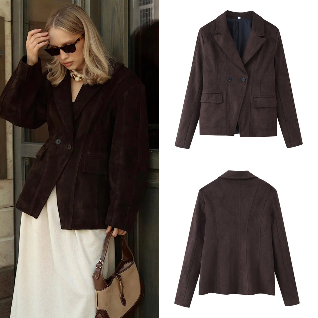 Damen Taillierter Velours‑Imitatblazer mit Doppelreiher und Pattentaschen Nord Taschen
