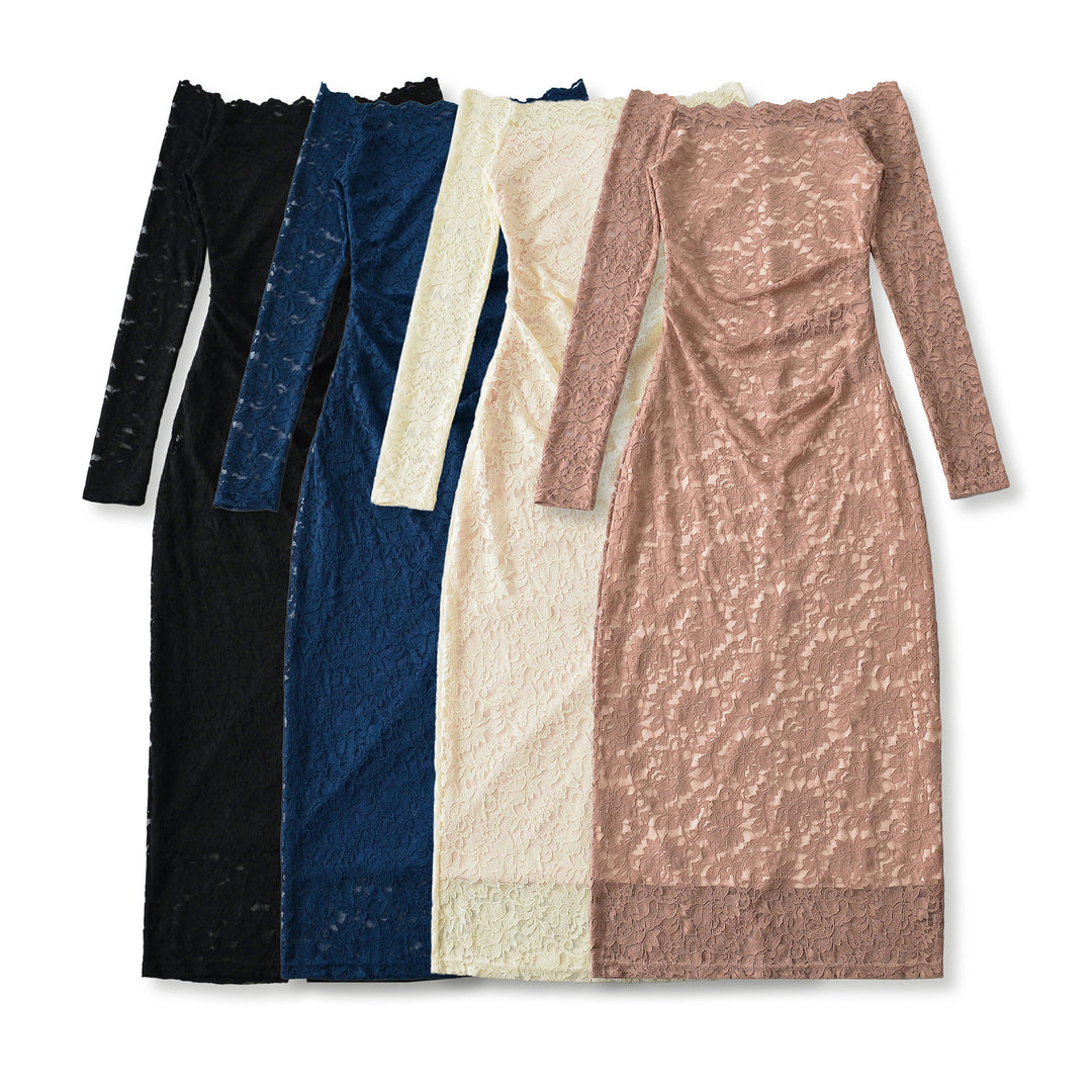Damen Schulterfreies Spitzenkleid mit Taillenraffung und Langarm Nord Taschen