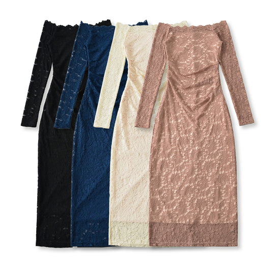 Damen Schulterfreies Spitzenkleid mit Taillenraffung und Langarm Nord Taschen