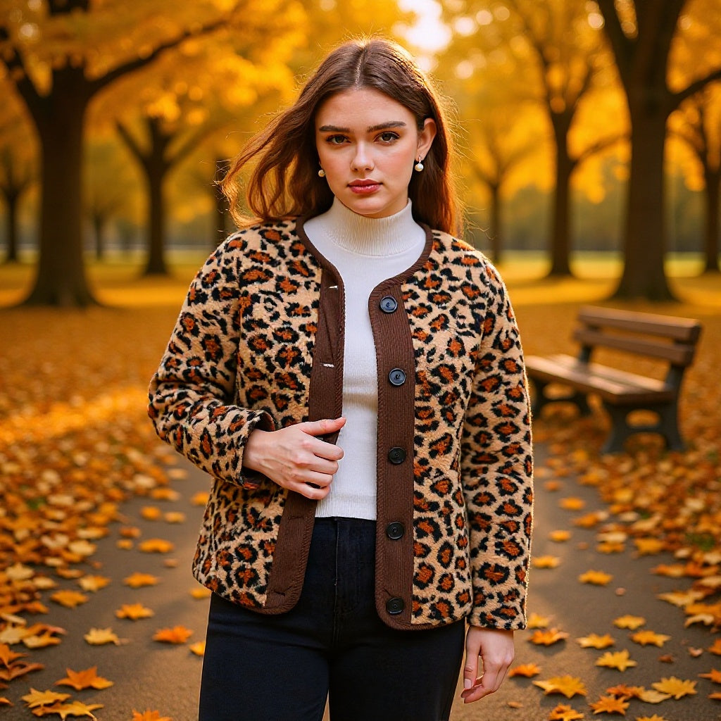 Damen Kurzjacke im Teddy‑Look mit Leopardenmuster und Knopfverschluss Nord Taschen
