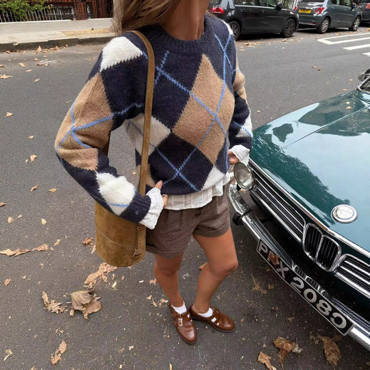 Damen Oversize‑Argyle‑Strickpullover mit Rundhals, überschnittenen Schultern und Rippbündchen Nord Taschen