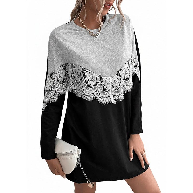 Damen Sweatkleid im Colorblock‑Stil mit Spitzen‑V‑Passe und gerundetem Saum Nord Taschen