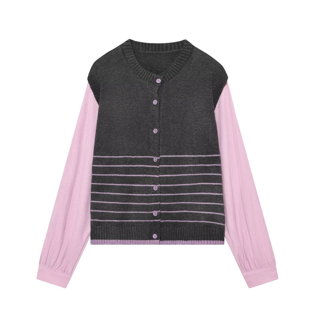Damen Lagenlook-Strickcardigan mit gestreiftem Westeinsatz und Volumenärmeln Nord Taschen