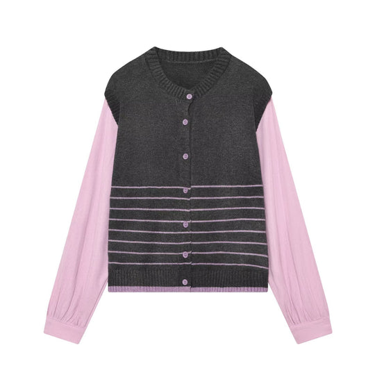 Damen Lagenlook-Strickcardigan mit gestreiftem Westeinsatz und Volumenärmeln Nord Taschen
