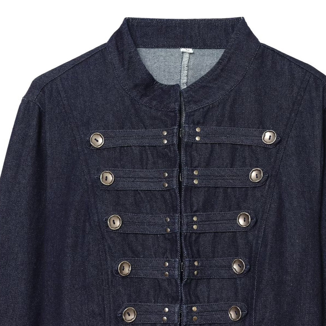 Damen Cropped Denim Militärjacke mit Stehkragen und dekorativer Zierknopfleiste Nord Taschen