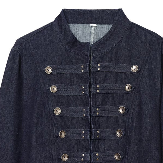 Damen Cropped Denim Militärjacke mit Stehkragen und dekorativer Zierknopfleiste Nord Taschen