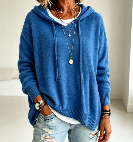 Damen Oversize-Kapuzensweater aus feinem Strick mit gerippten Bündchen Nord Taschen