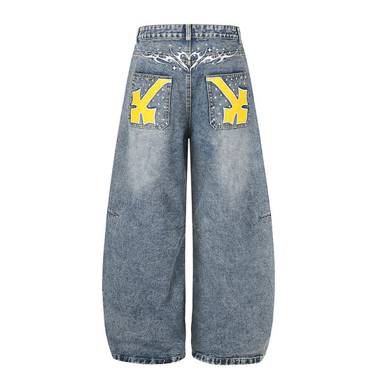 Damen Extraweite High‑Waist Palazzo-Jeans mit verzierten Gesäßtaschen Nord Taschen