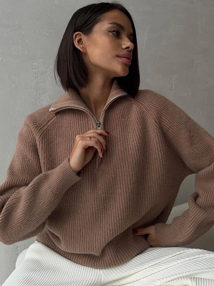 Damen Gerippter Wollmix-Pullover mit halbem Reißverschluss und weitem Stehkragen Nord Taschen