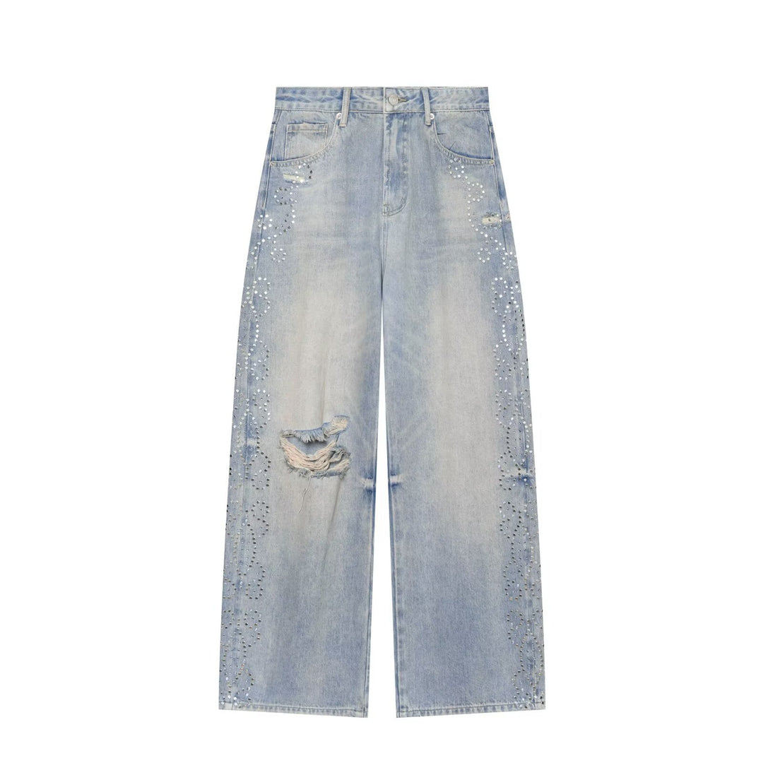 Damen High Waist Jeans mit weitem Bein, Destroyed-Details und Nietenapplikation Nord Taschen