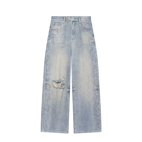 Damen High Waist Jeans mit weitem Bein, Destroyed-Details und Nietenapplikation Nord Taschen