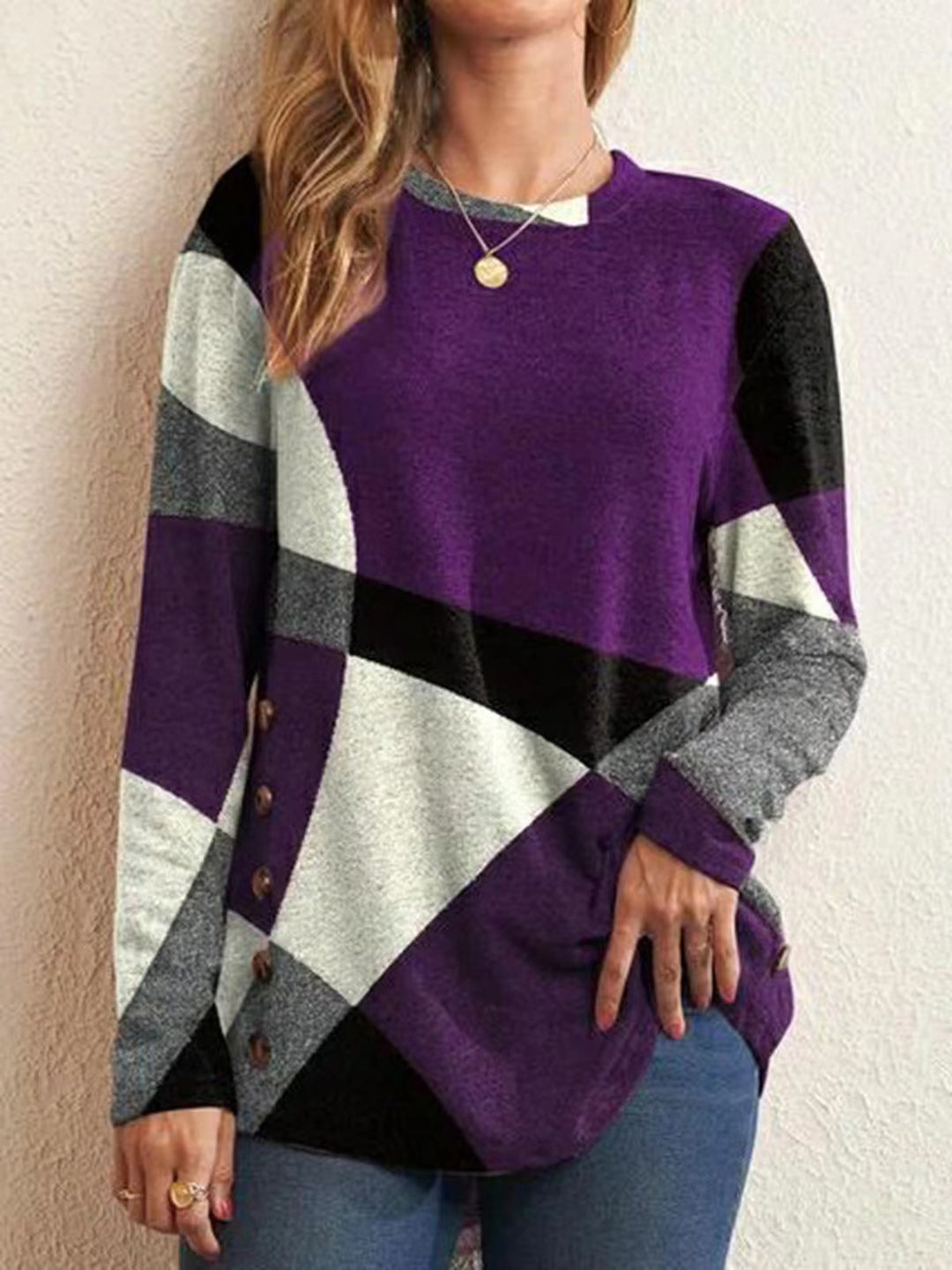Damen Feinstrickpullover mit geometrischem Colorblock und Zierknöpfen Nord Taschen