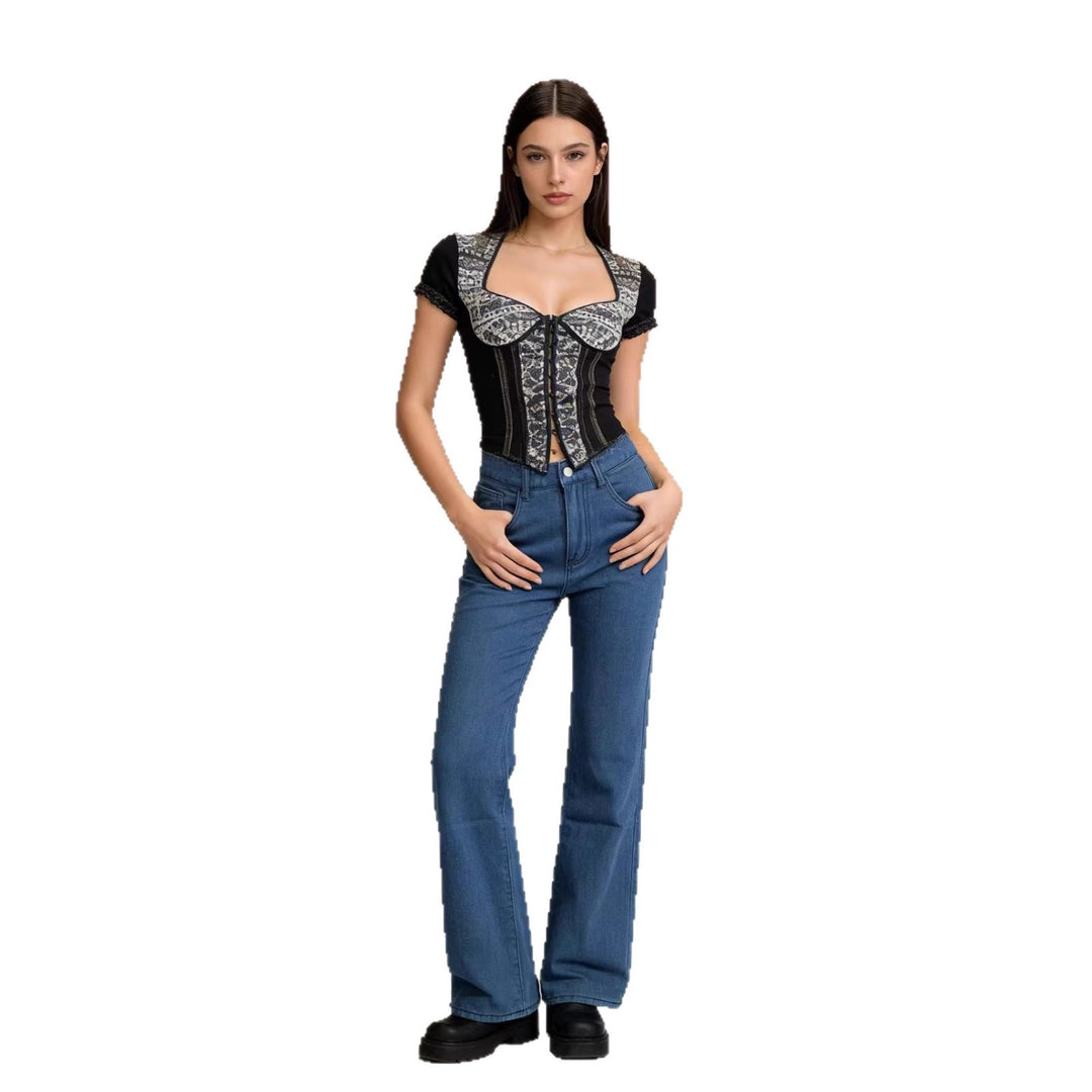 Damen hochgeschnittene weich fallende Schlagjeans aus Stretch-Denim mit figurformender Passform Nord Taschen
