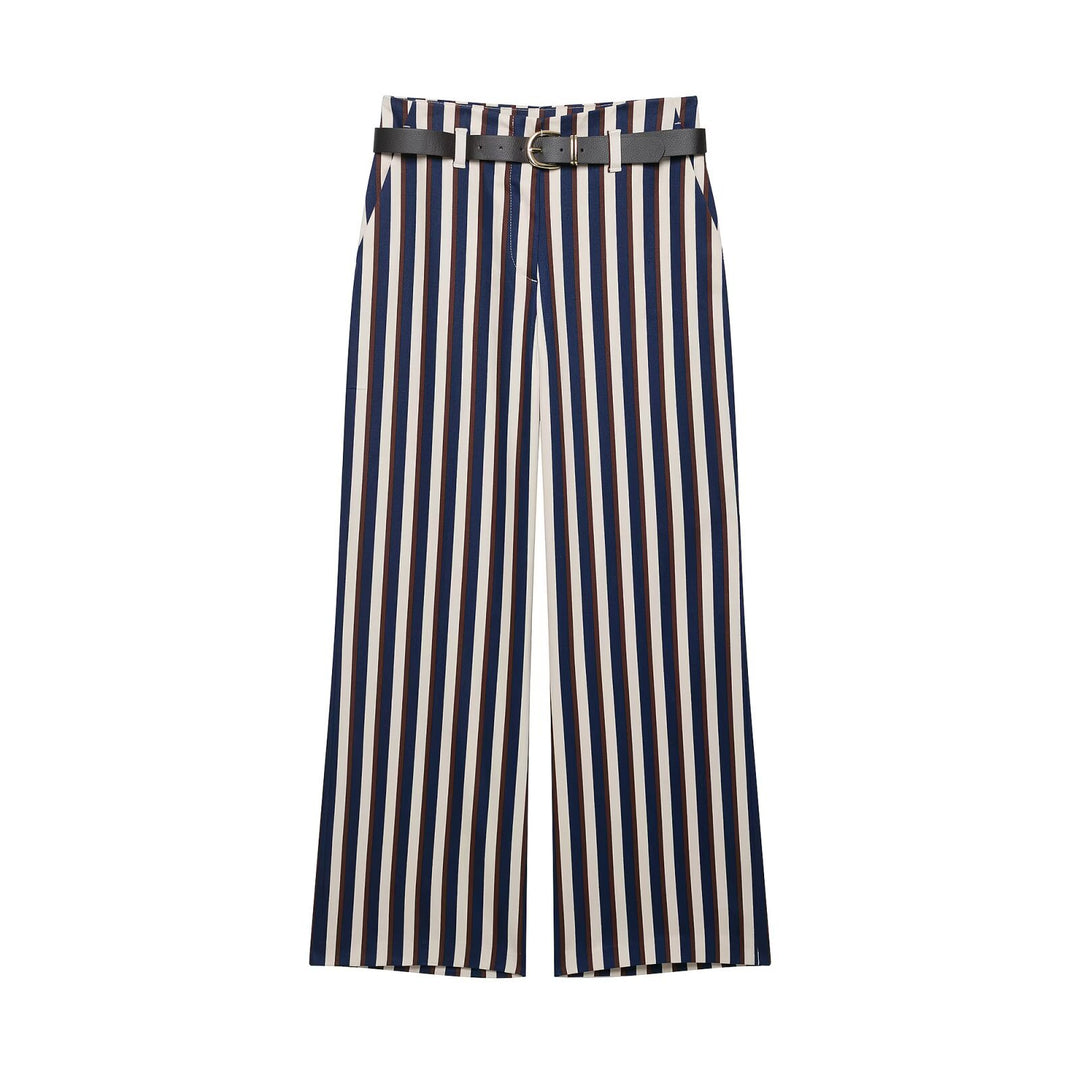 Damen Weite High‑Waist Culotte‑Hose mit verticalem Streifenmuster und Ziergürtel Nord Taschen