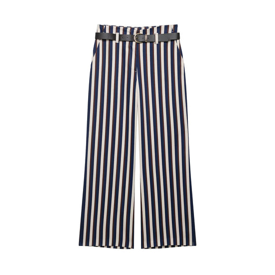Damen Weite High‑Waist Culotte‑Hose mit verticalem Streifenmuster und Ziergürtel Nord Taschen