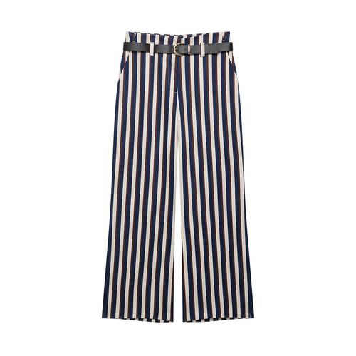 Damen Weite High‑Waist Culotte‑Hose mit verticalem Streifenmuster und Ziergürtel Nord Taschen