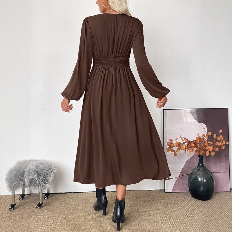 Damen Maxikleid Wickeloptik mit V-Ausschnitt, Empire-Taille und langen Ballonärmeln Nord Taschen