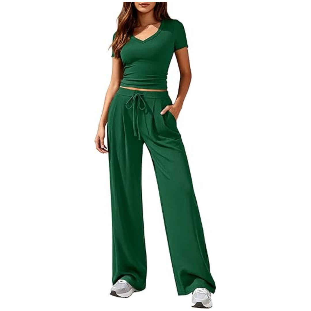 Damen Lässiges Lounge-Set mit tailliertem V-Ausschnitt bauchfreiem Top und weitem Kordelbund-Hose Nord Taschen