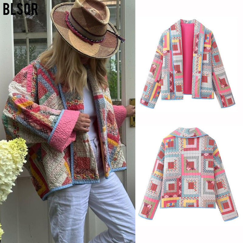 Damen Patchwork-Kimono-Jacke mit lockerer Cropped-Silhouette Nord Taschen