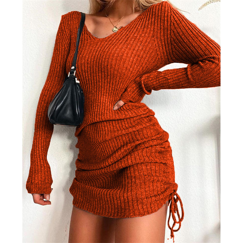 Damen Figurbetontes Rippstrick-Minikleid mit langen Ärmeln und seitlicher Raffung Nord Taschen