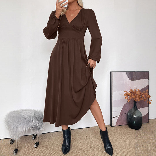 Damen Maxikleid Wickeloptik mit V-Ausschnitt, Empire-Taille und langen Ballonärmeln Nord Taschen