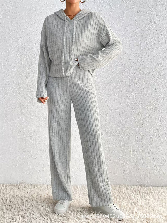 Damen Geripptes Kuschel-Lounge-Set aus Chenille mit Kapuzenpullover und weitem Hosenbein Nord Taschen