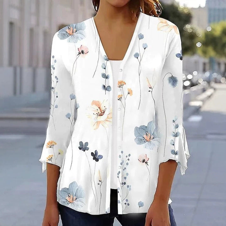 Damen nan leichte Chiffonbluse mit Aquarellblumenprint, V‑Ausschnitt, Knopfleiste und dreiviertelärmeln