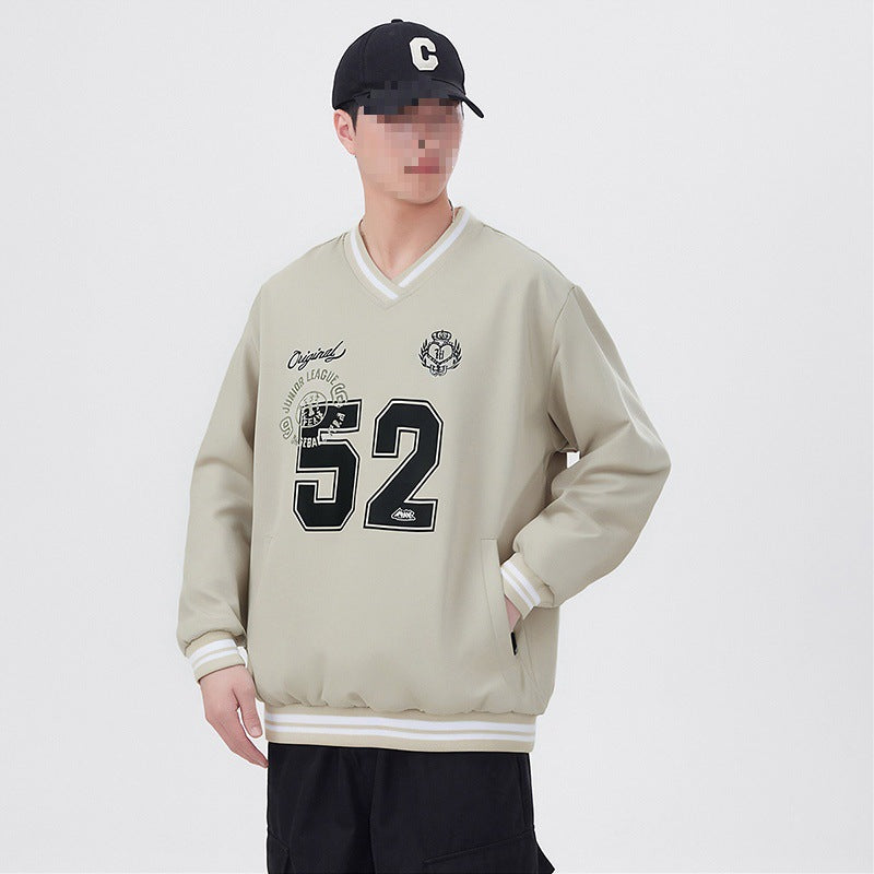 Herren Oversize V‑Ausschnitt Sportsweatshirt im College‑Look mit gestreiften Bündchen Nord Taschen