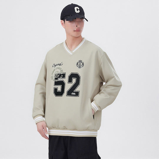 Herren Oversize V‑Ausschnitt Sportsweatshirt im College‑Look mit gestreiften Bündchen Nord Taschen