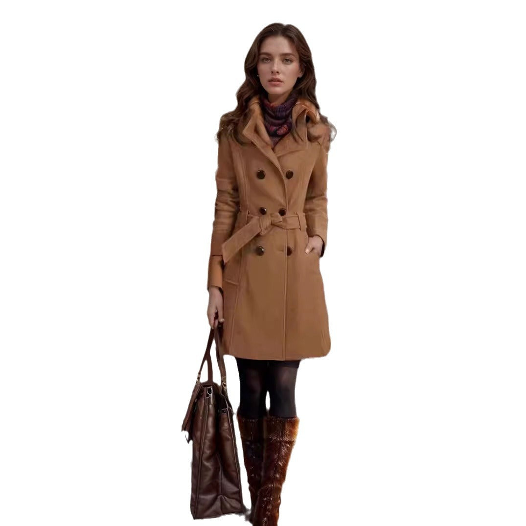 Damen Langmantel mit ausgefransten Kanten, taillierter Silhouette und Doppelreihe Nord Taschen