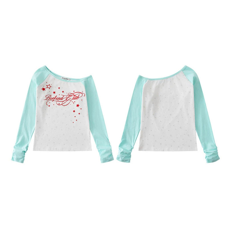 Damen Raglan-Langarmshirt mit U-Boot-Ausschnitt, Sternen-Print und gerafften Ärmeln Nord Taschen