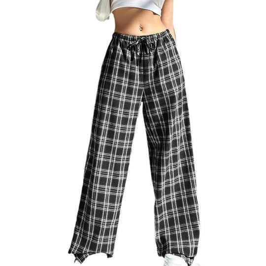 Damen weite Karo-Hose aus angenehmem Baumwollstoff mit Gummibund und seitlichen Taschen