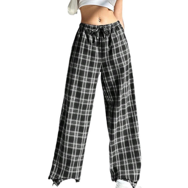 Damen weite Karo-Hose aus angenehmem Baumwollstoff mit Gummibund und seitlichen Taschen