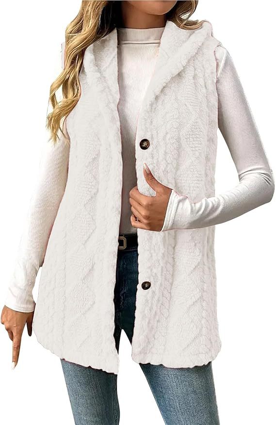 Damen Gefütterte Teddy-Weste mit Kapuze und Knopfverschluss Nord Taschen