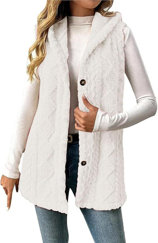 Damen Gefütterte Teddy-Weste mit Kapuze und Knopfverschluss Nord Taschen