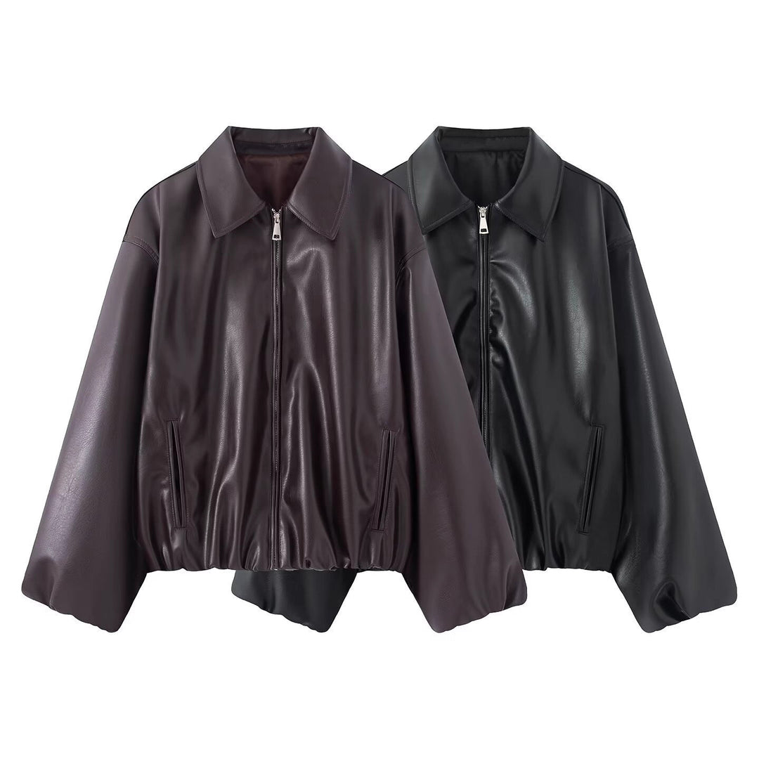Damen Oversize Kunstleder Blouson mit Reißverschluss und elastischem Saum Nord Taschen